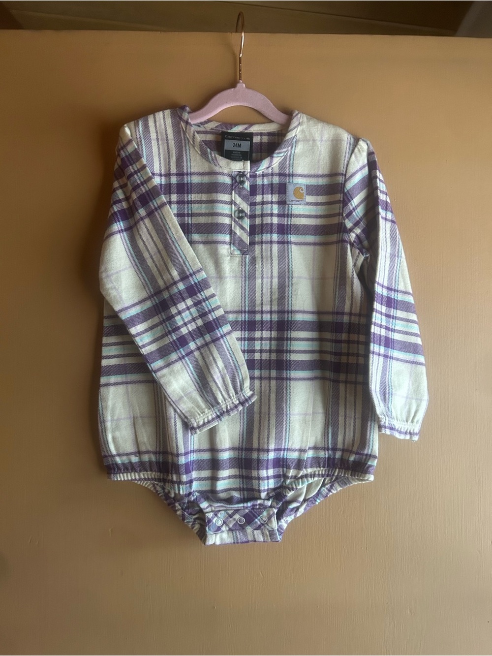 Carhartt Baby Girls Plaid Henley Onesie - Purple & Cream
